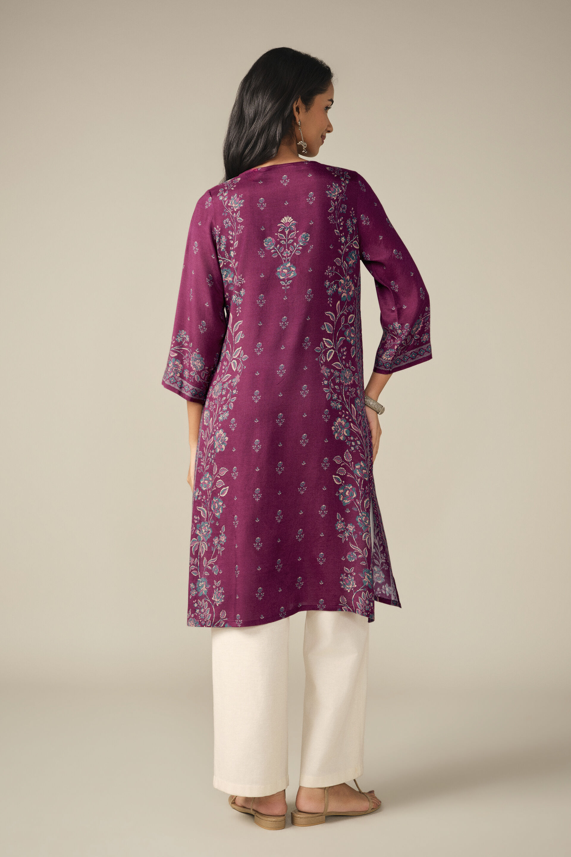 Floral Print Kurta in Wine, Wine, image 5